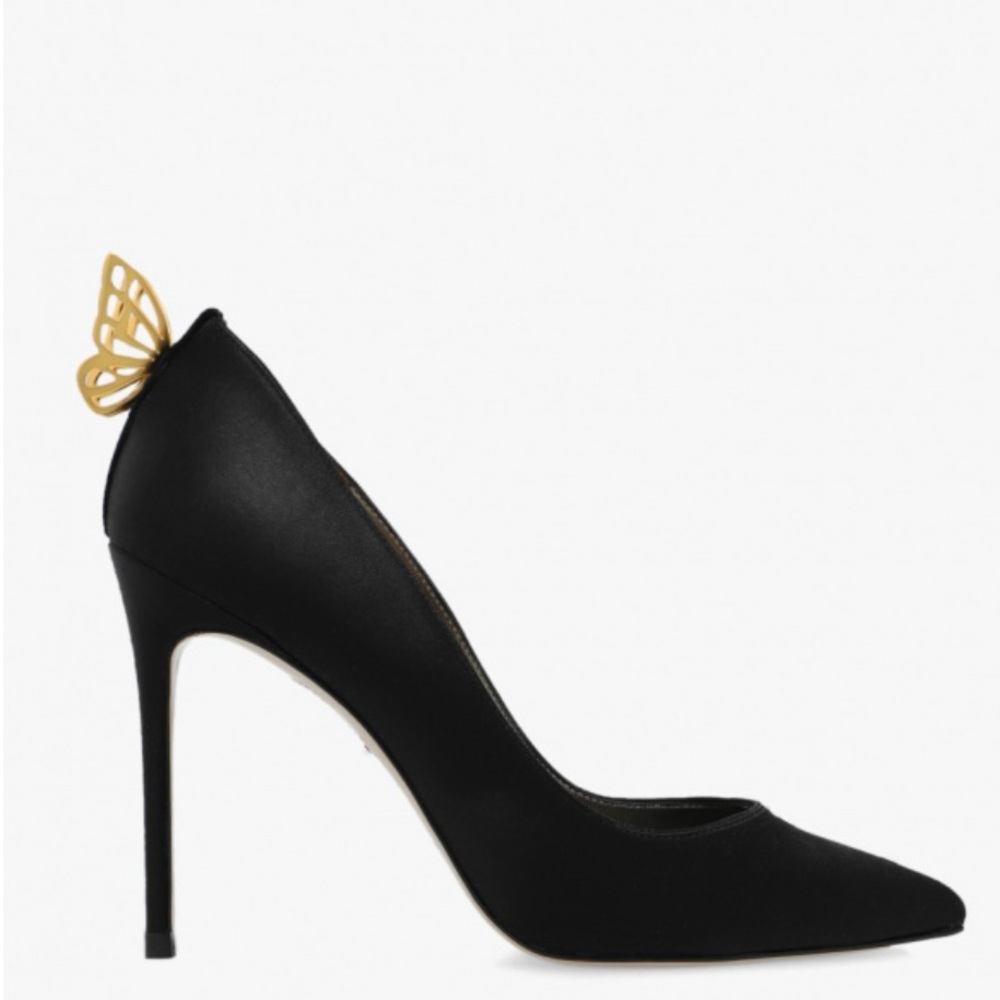 Brand New Sophia Webster ‘Mariposa’ Black Satin Pump with Gold Butterfly Accent